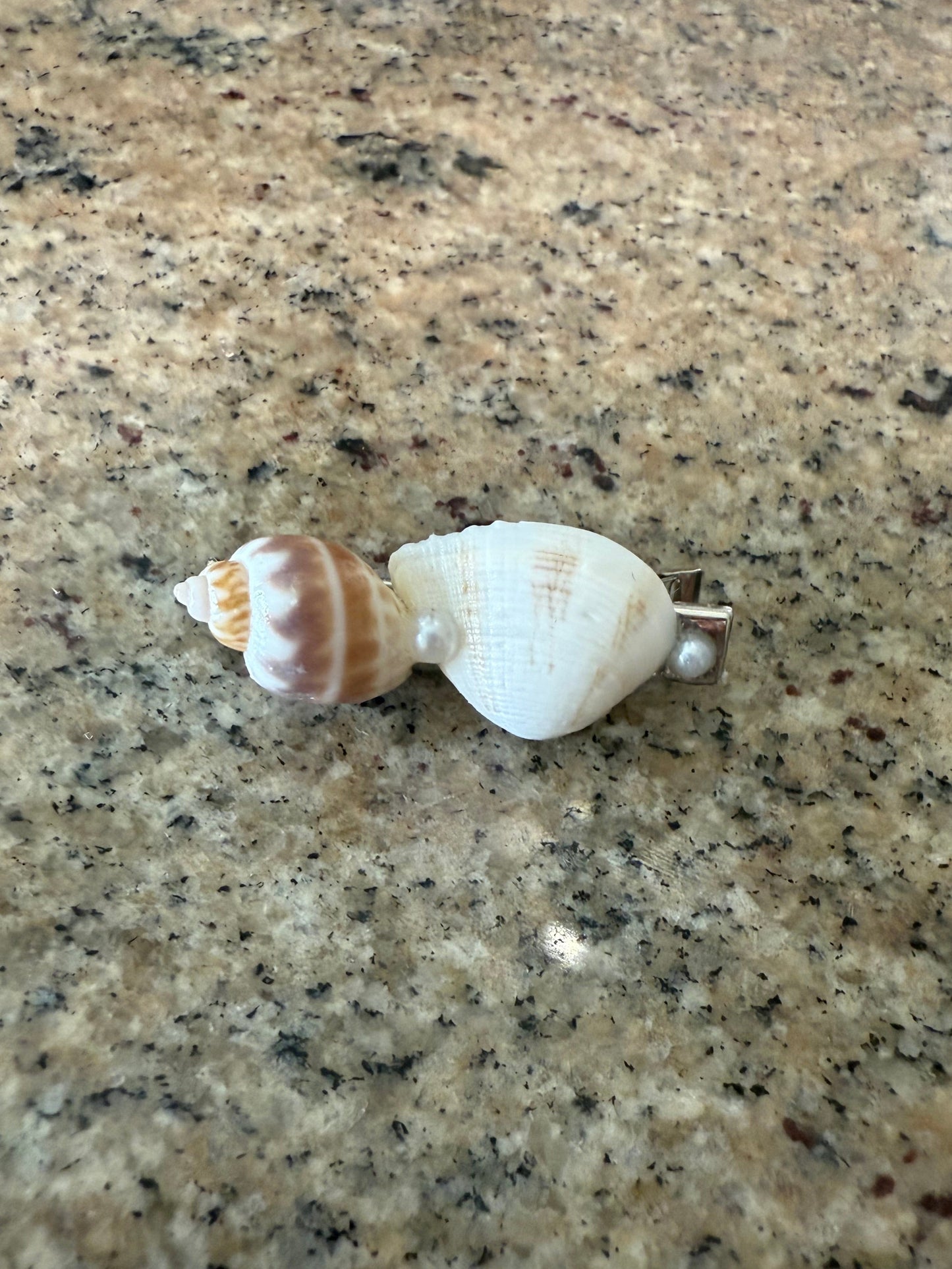 Seashell hair clip on a textured beige surface