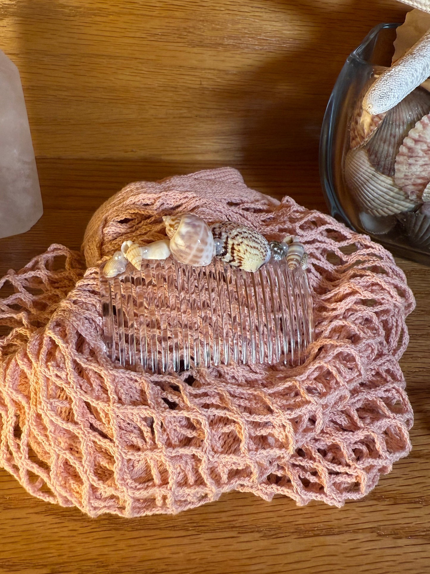Seashell Hair Comb on a net bag