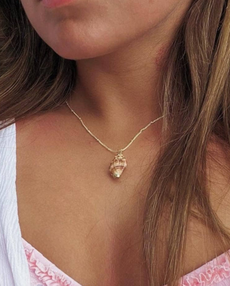 Close-up of a person wearing a gold necklace with a shell pendant.