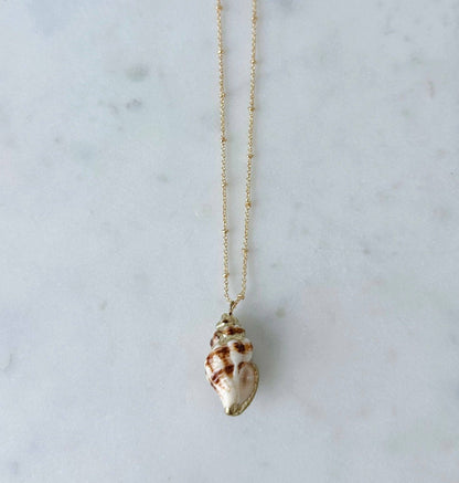 Shell pendant necklace on a marble surface