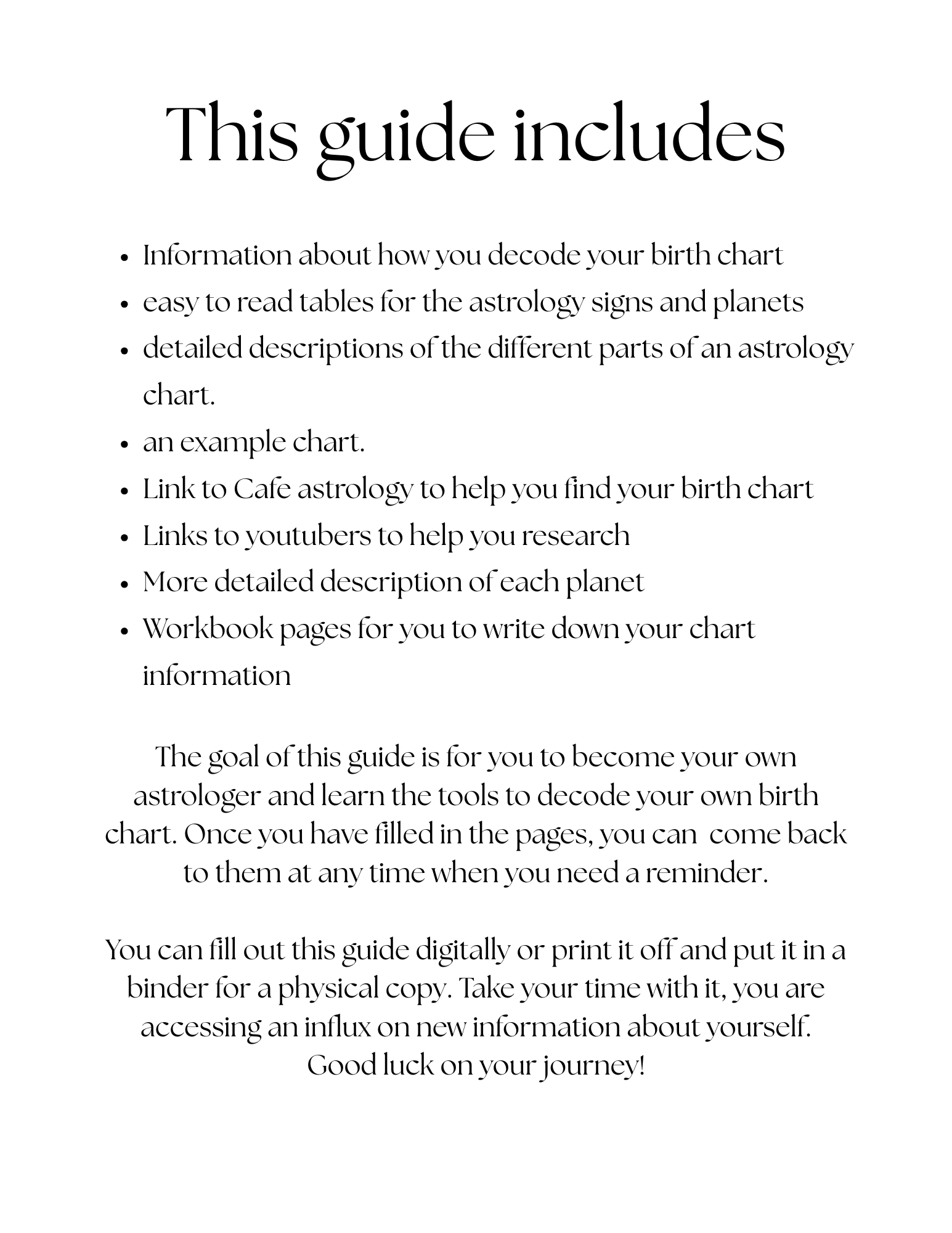 Text guide on decoding birth charts with links and resources. Description of what is included in the digital product