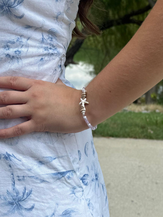 Seashell Bracelets Handmade with real seashells, purple beads, and starfish charms, jewelry accessory