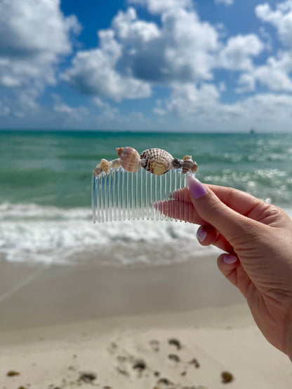 hand holding seashell hair comb with ocean sky beach background