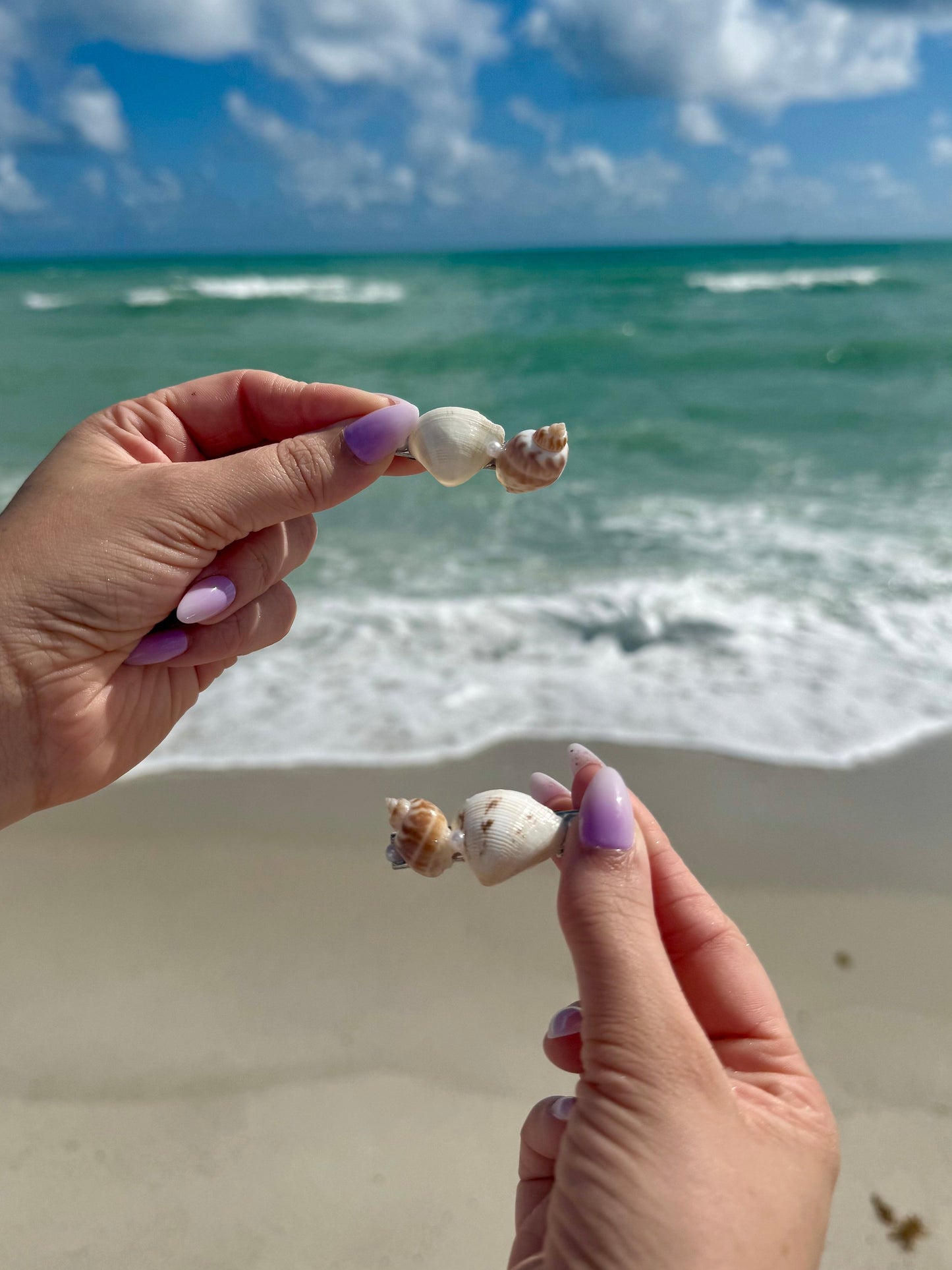 seashell hair clips with ocean beach background