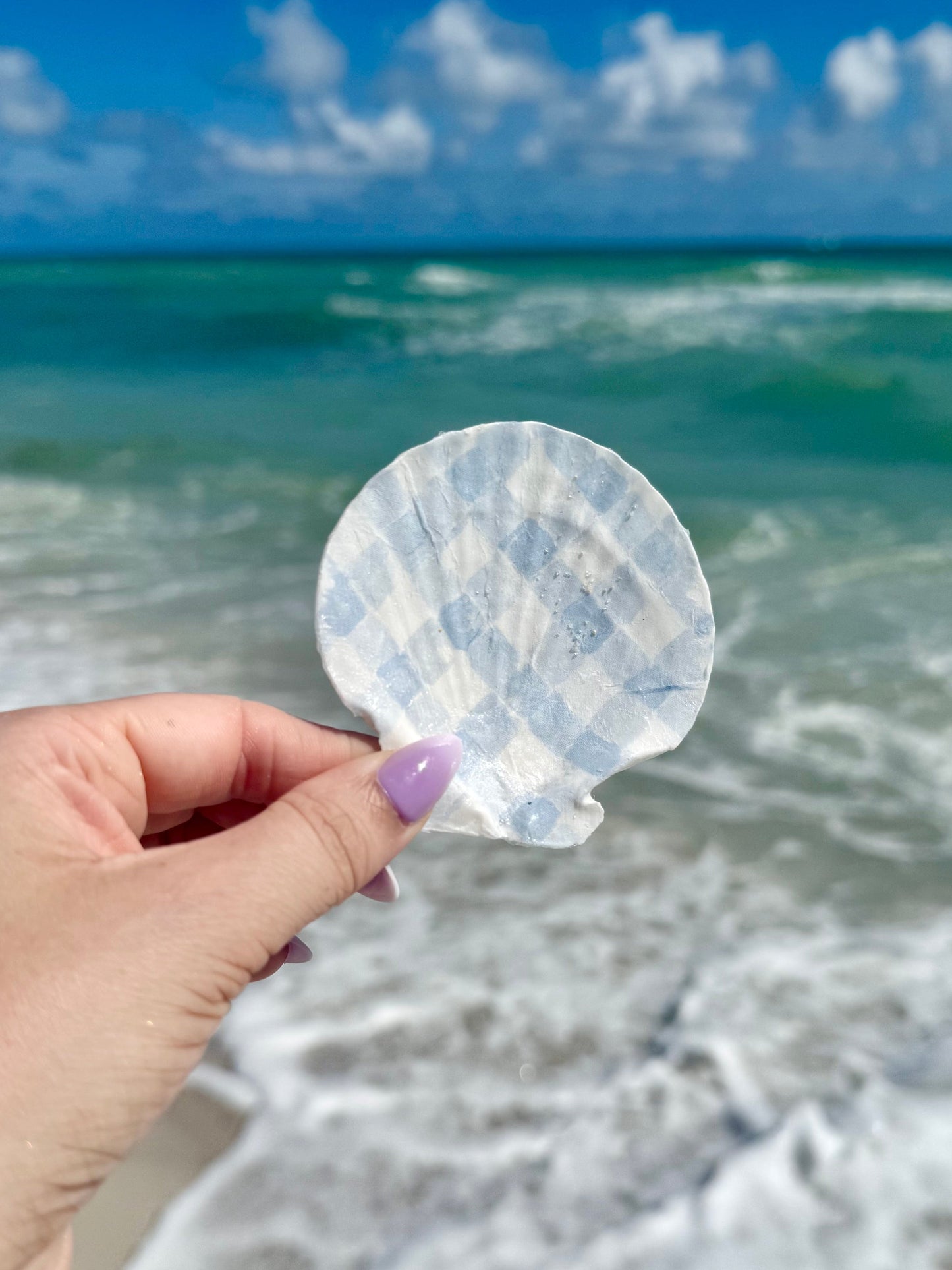 Hand holding a shell with ocean waves in the background