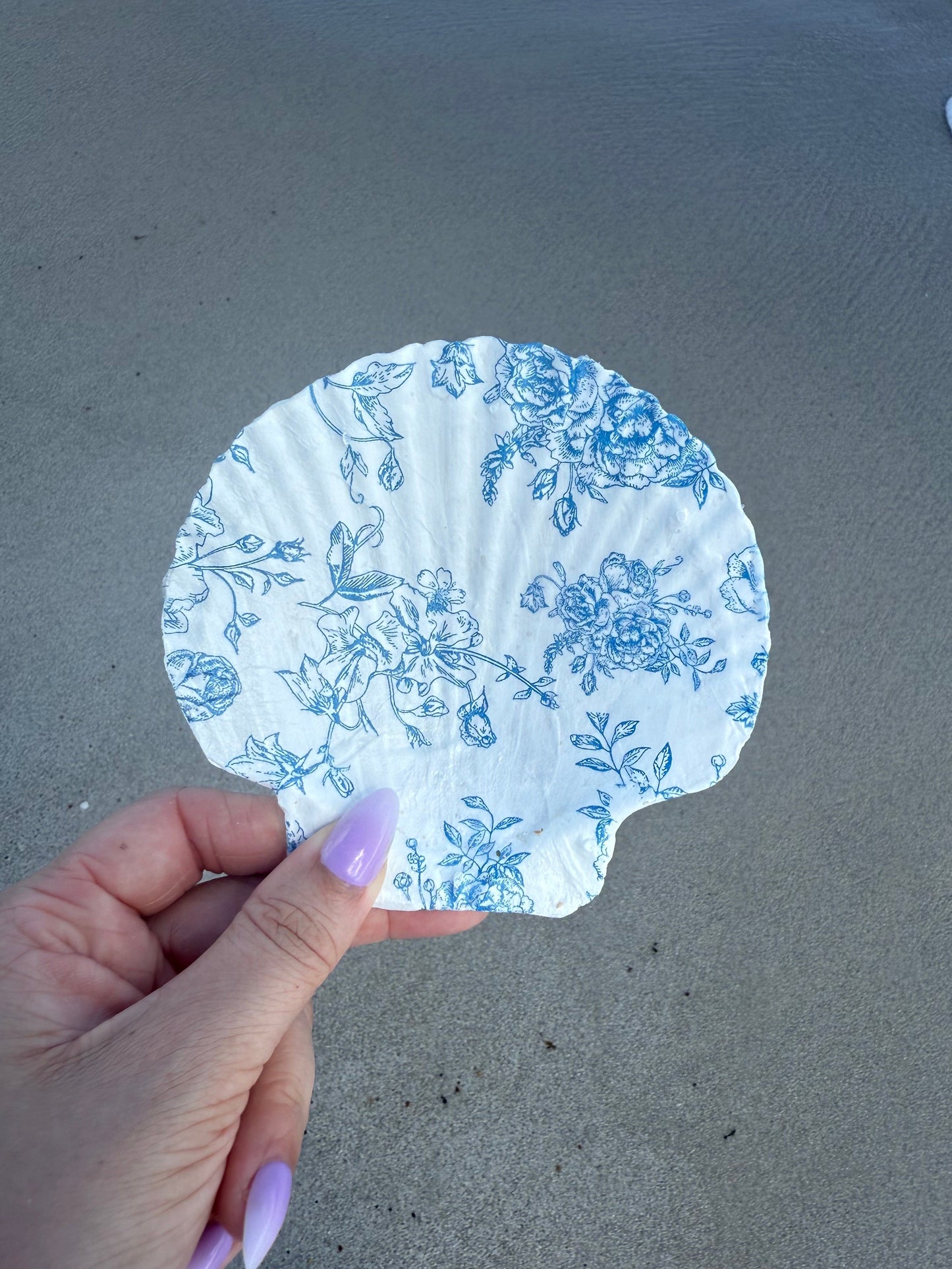 hand holding seashell trinket dish with sandy background