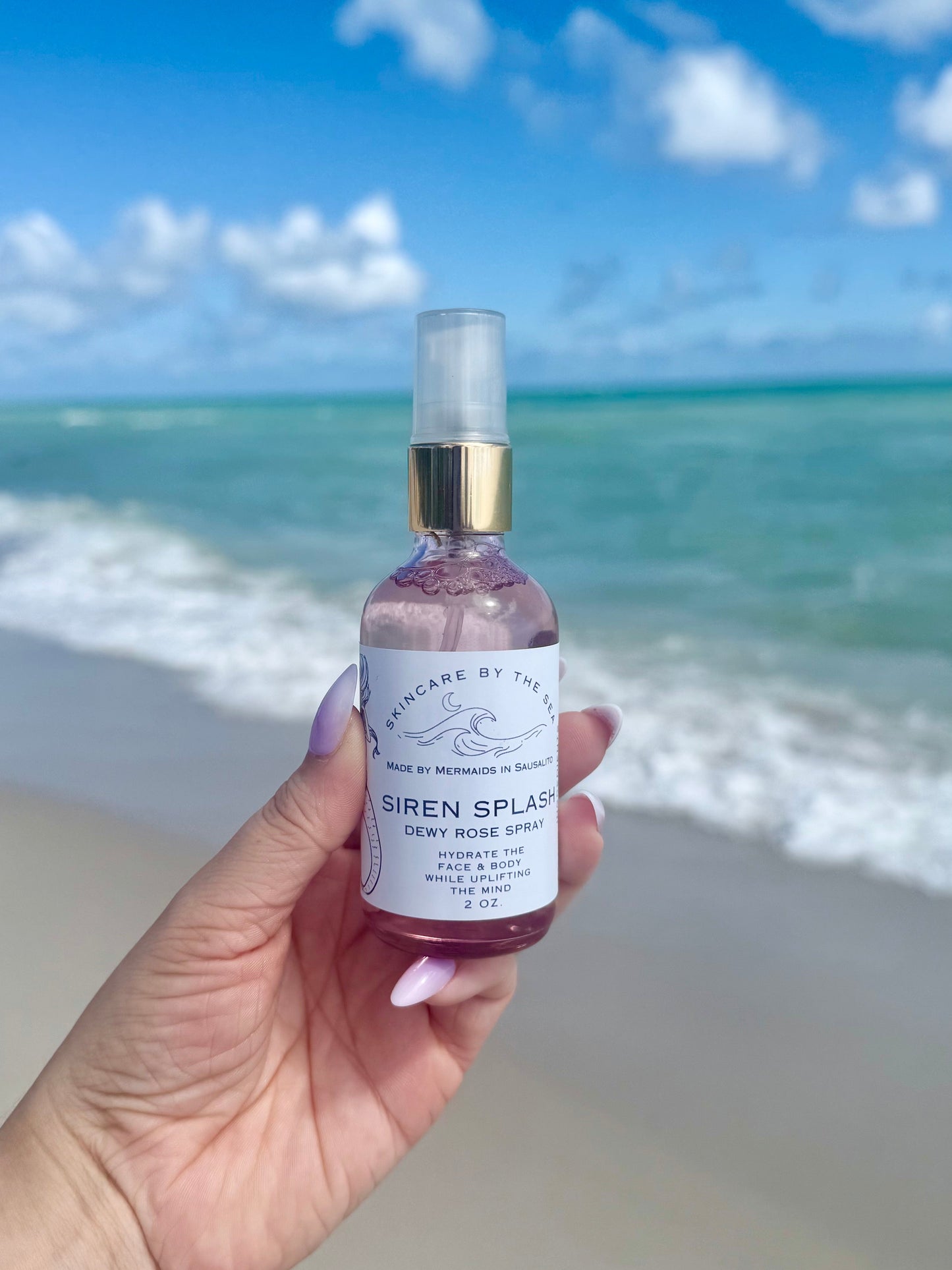 Hand holding a small siren splash rose spray with a label against a blue sky background