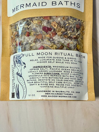 Mermaid Baths Full Moon Ritual Bath package with ingredients and directions on a bathroom counter